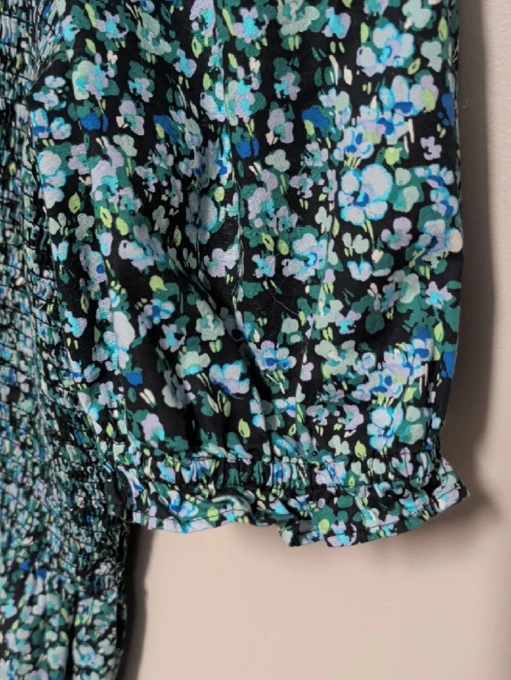 J. Crew Smocked Square-Neck Floral Top in Teal and Black